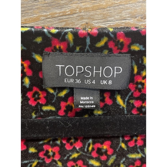 Topshop Women's Black Velvet Floral Dress US Size 4 V Neck Short Sleeve - Picture 5 of 8